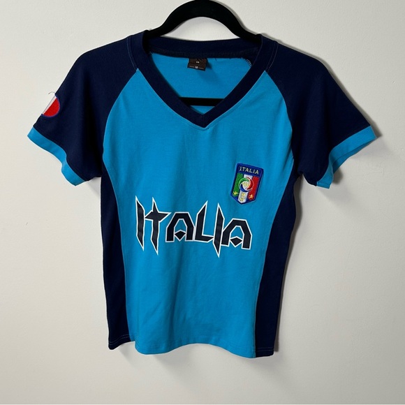 Vintage Italia Tops - Y2K ITALIA women's blue graphic embroidered italy v-neck tee, M.